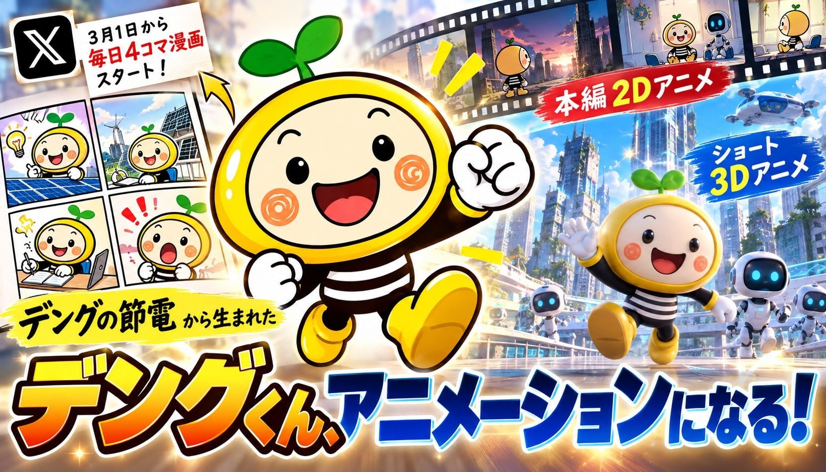 「デングの節電」から生まれた デングくん、アニメーションになる! X で3月3日から毎日4コマ漫画、本編2Dアニメとショート3Dアニメ